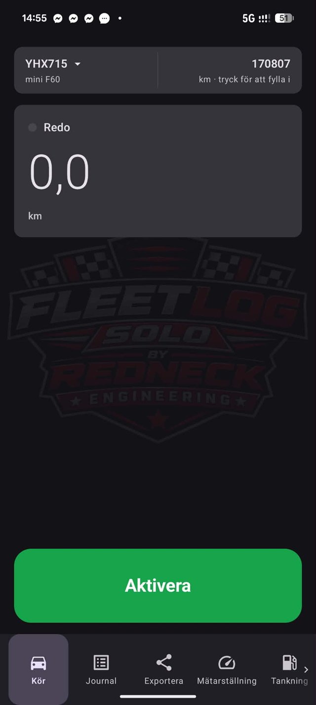 FleetLog Solo kör-läge med Aktivera-knapp