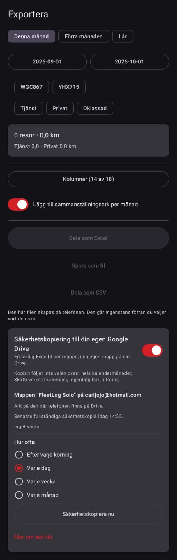 FleetLog Solo export till Excel och Google Drive