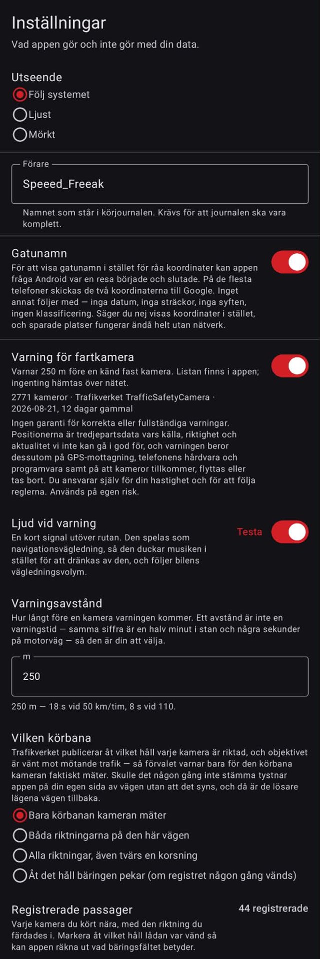FleetLog Solo inställningar med fartkameravarnare