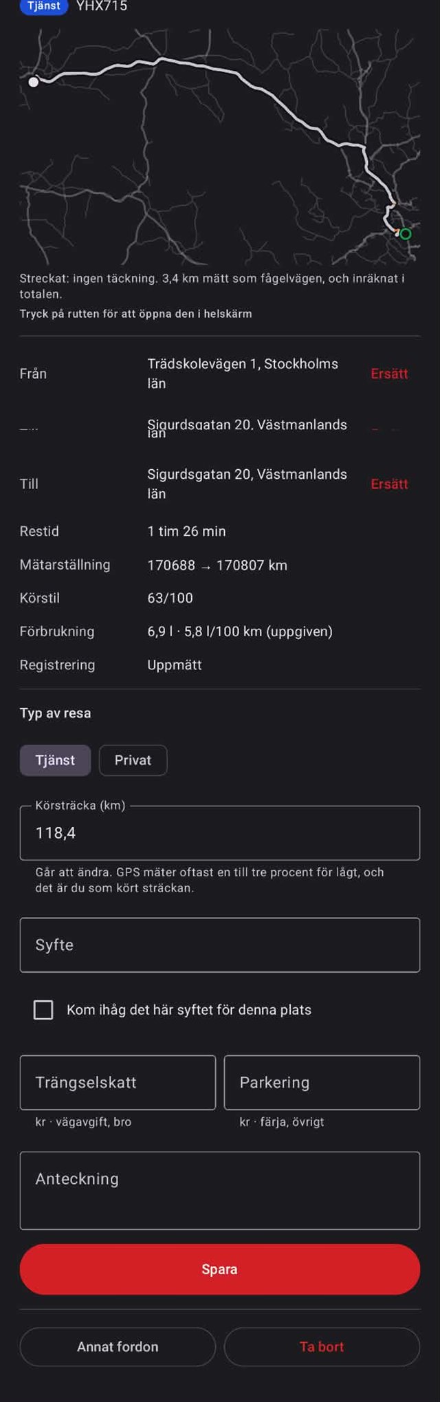 FleetLog Solo resedetaljer med rutt och körstil