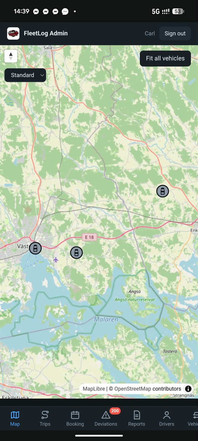 FleetLog admin i mobilen