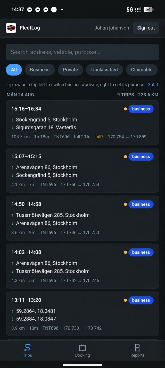 FleetLog förarapp med resor i mobilen