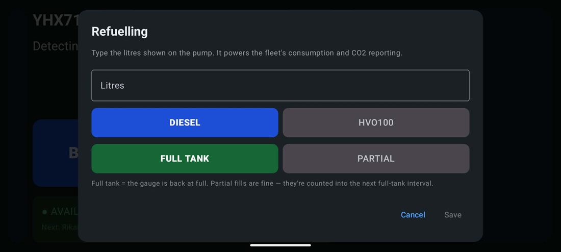 FleetLog tankningsdialog
