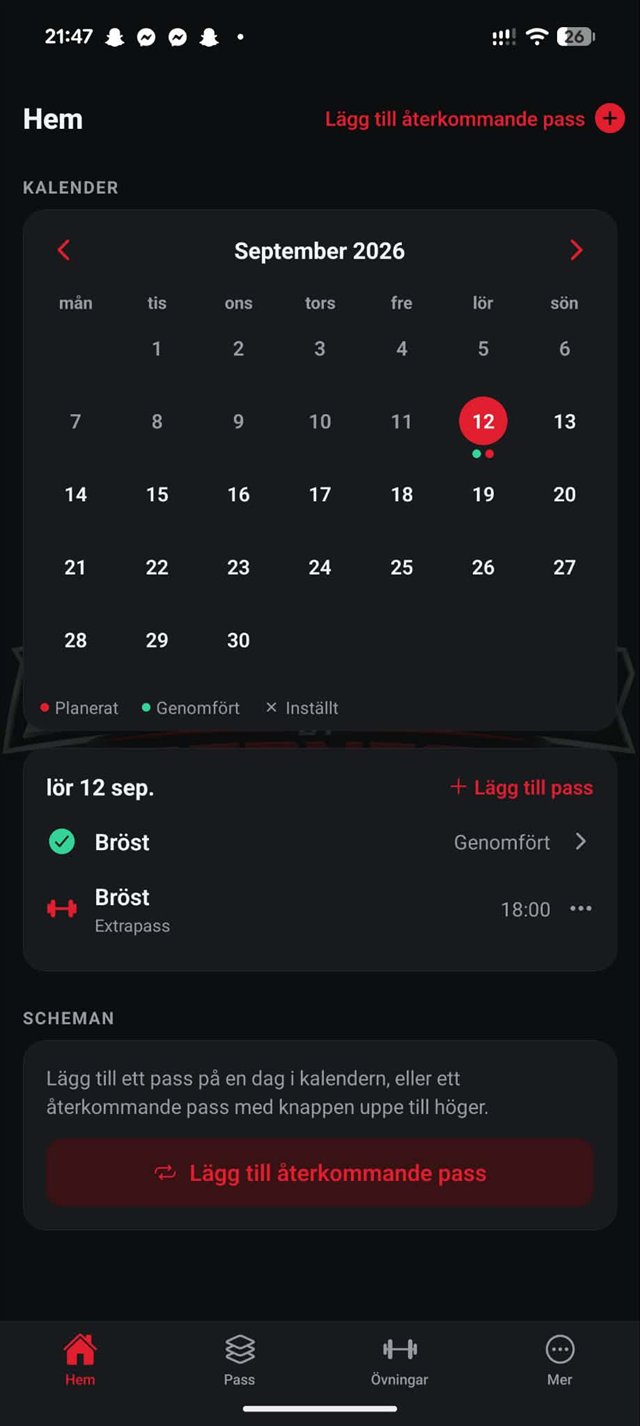 Set&Rep kalender med planerade pass