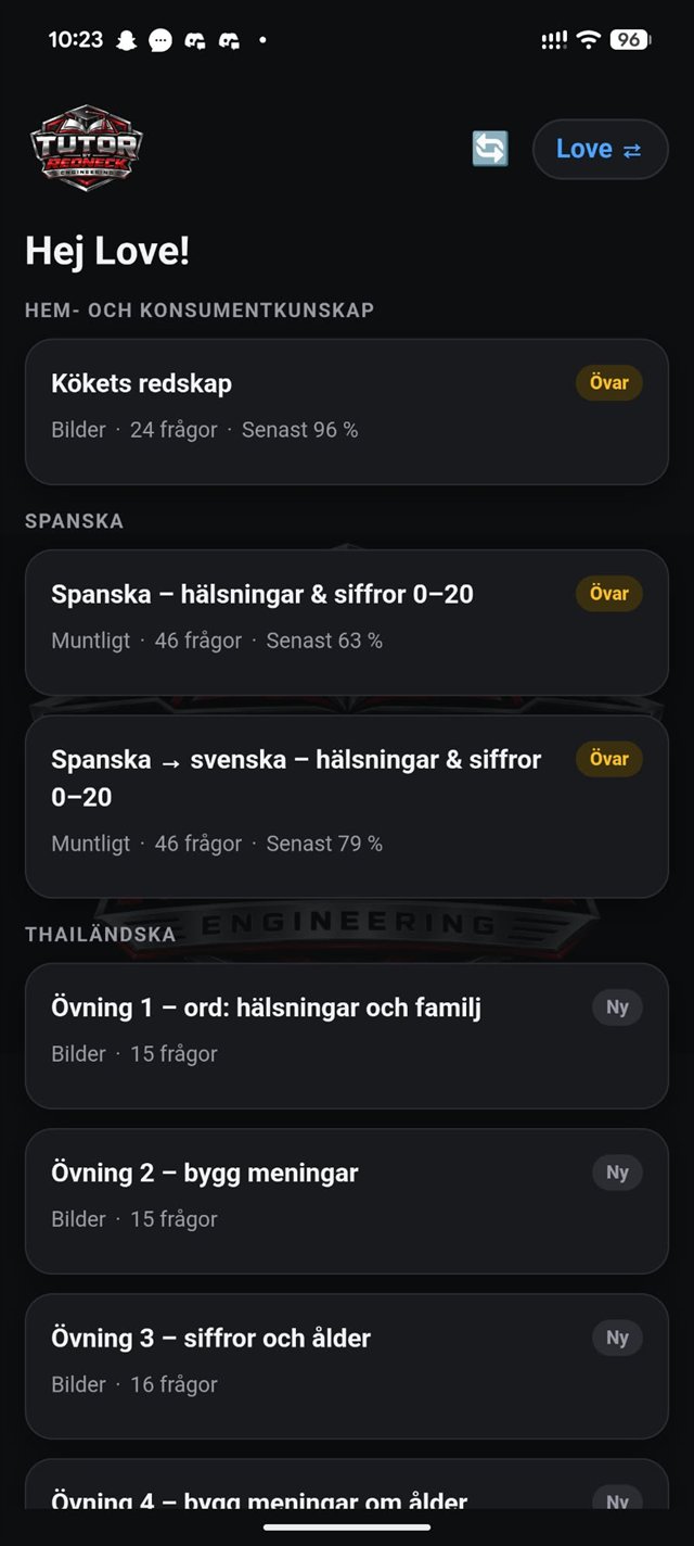 Tutor övningslista grupperad per ämne